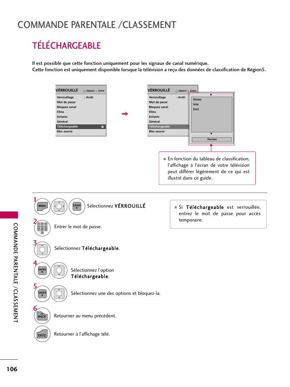 Téléchargeable, Commande parentale /classement, Commande parent ale /classement | LG 22LD350C User Manual | Page 241 / 379
