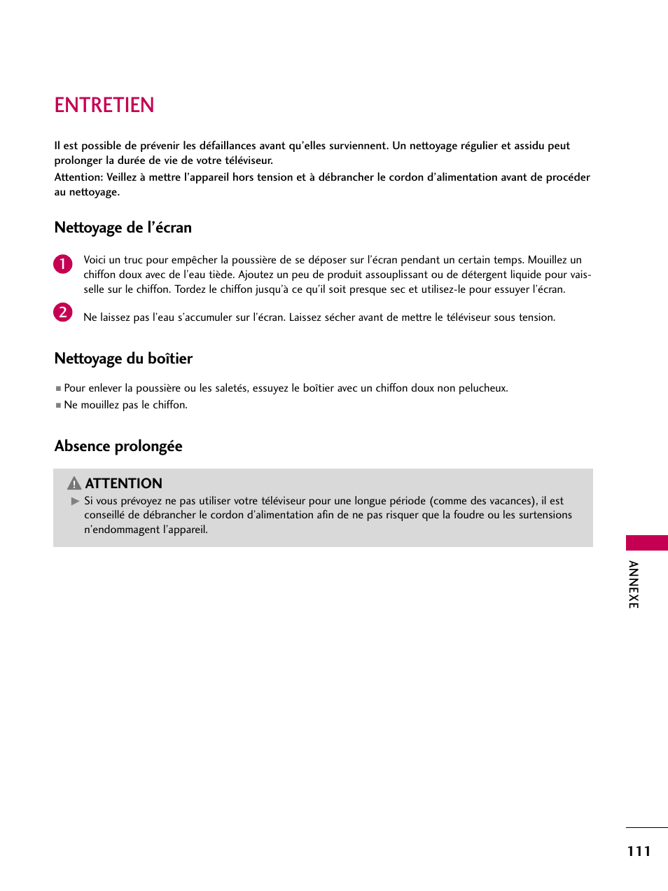 Entretien, Nettoyage de l’écran, Nettoyage du boîtier | Absence prolongée | LG 22LD350C User Manual | Page 246 / 379