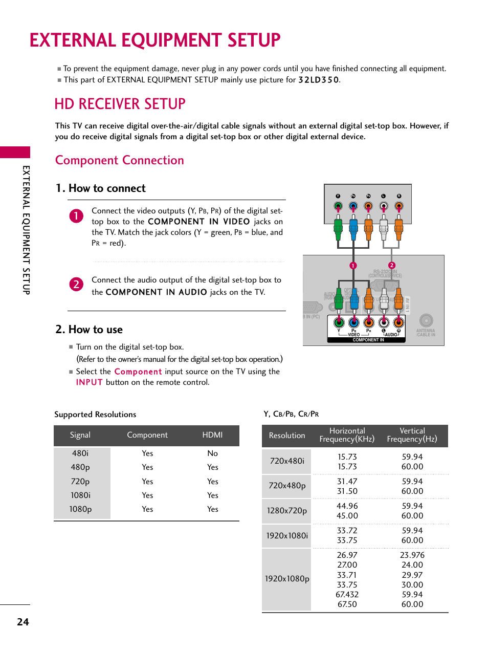 External equipment setup, Hd receiver setup, Component connection | How to connect, How to use, External eq uipment setup | LG 22LD350C User Manual | Page 25 / 379