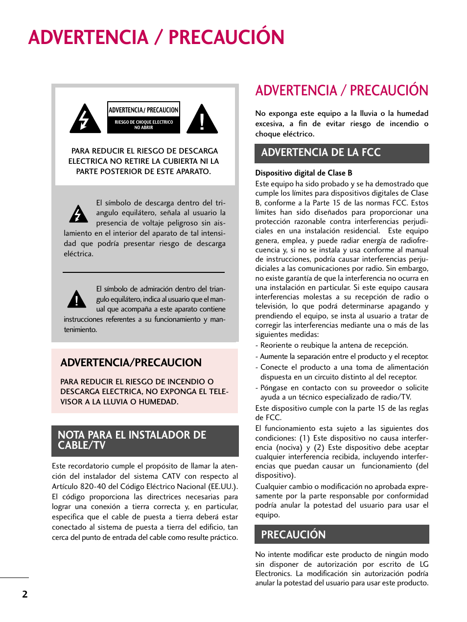 Advertencia / precaución, Advertencia de la fcc, Precaución | Advertencia/precaucion, Nota para el instalador de cable/tv | LG 22LD350C User Manual | Page 259 / 379