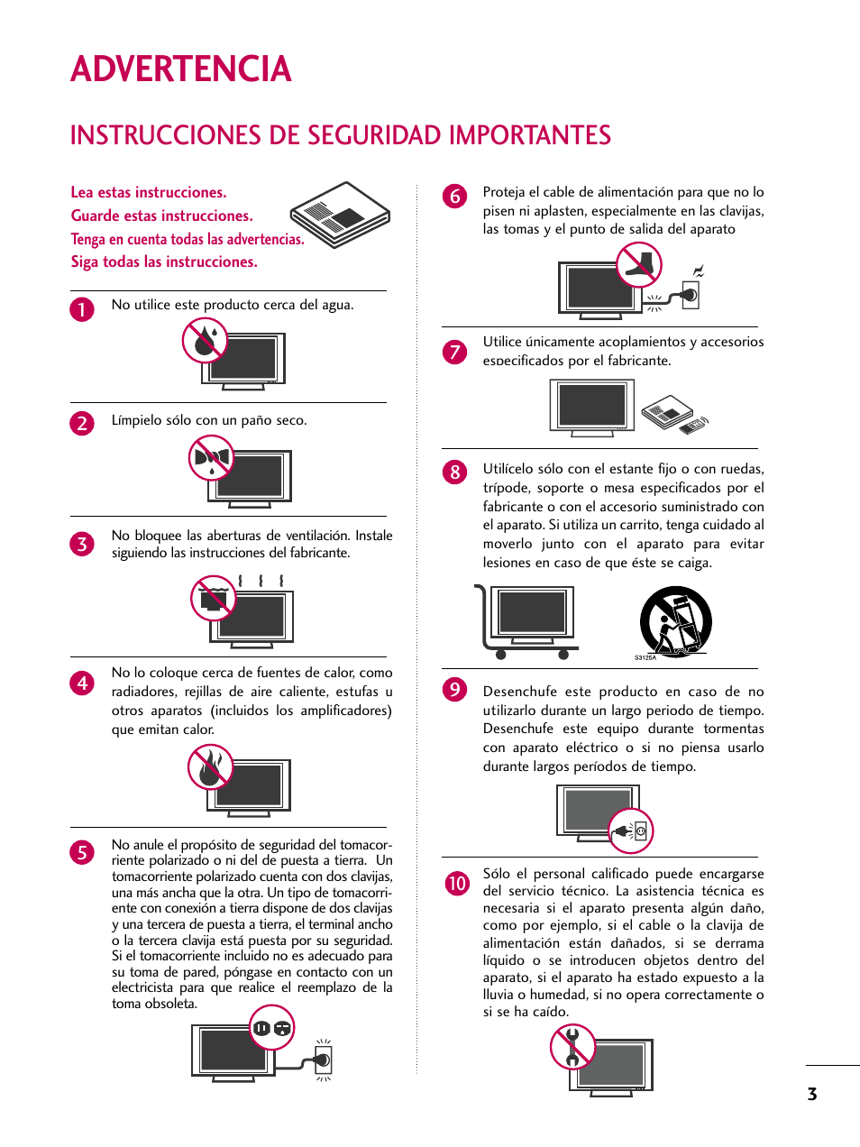 Advertencia, Instrucciones de seguridad importantes | LG 22LD350C User Manual | Page 260 / 379