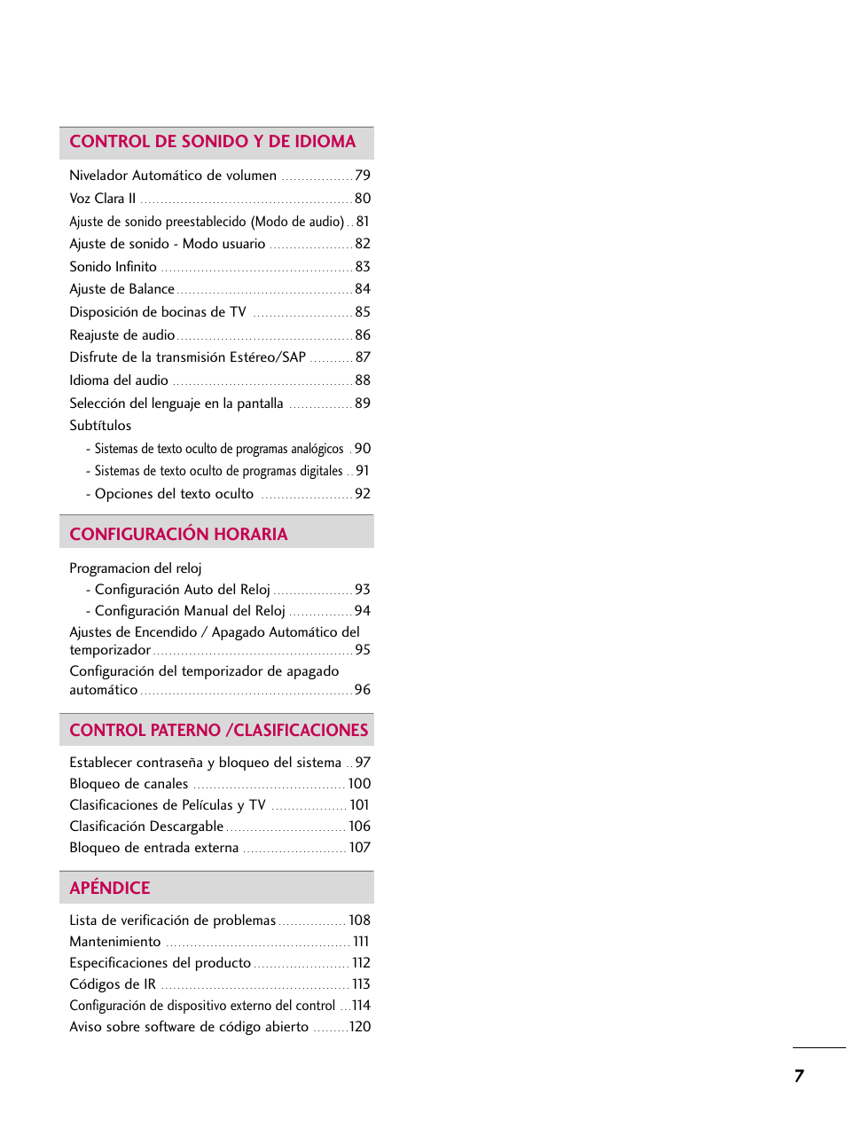7control de sonido y de idioma, Configuración horaria, Control paterno /clasificaciones | Apéndice | LG 22LD350C User Manual | Page 264 / 379
