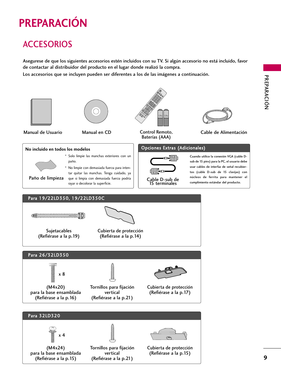 Preparación, Accesorios, Prep ar a ción | LG 22LD350C User Manual | Page 266 / 379