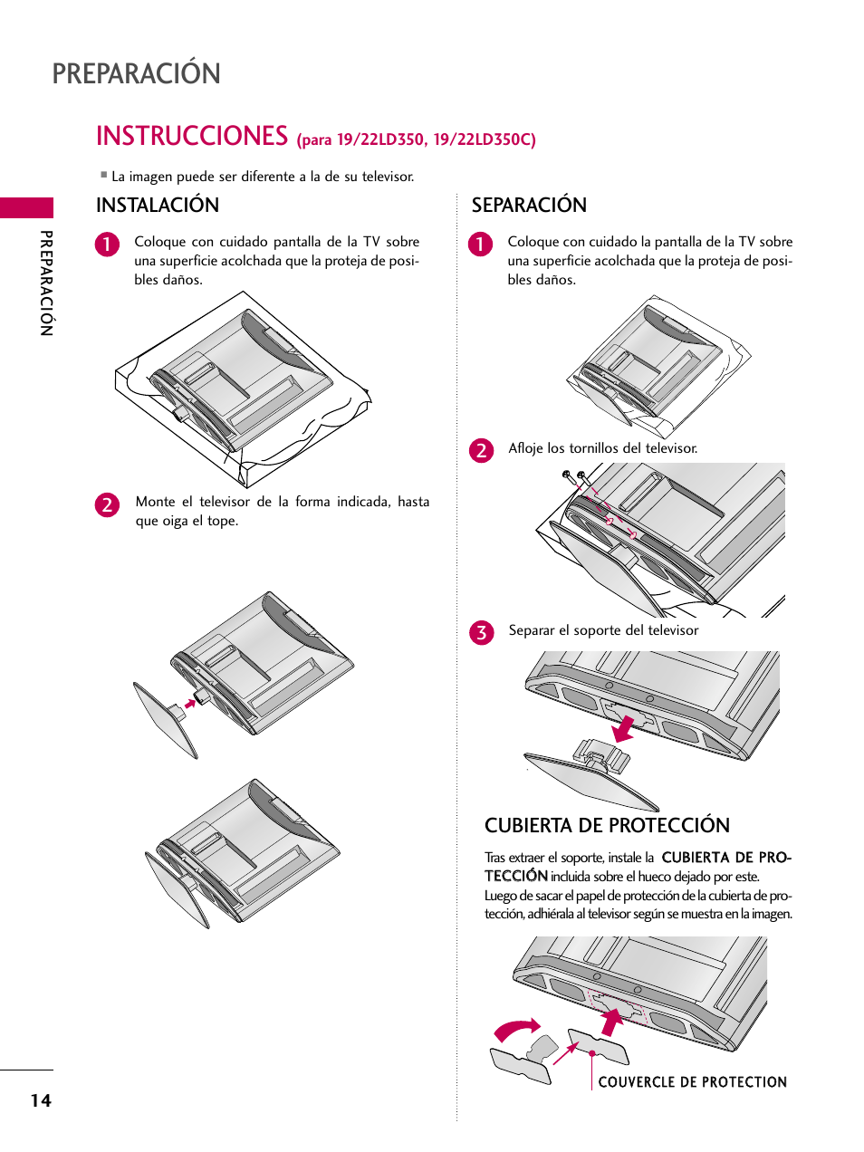 Instrucciones (para 19/22ld350, 19/22ld350c), Preparación, Instrucciones | Instalación, Separación, Cubierta de protección | LG 22LD350C User Manual | Page 271 / 379