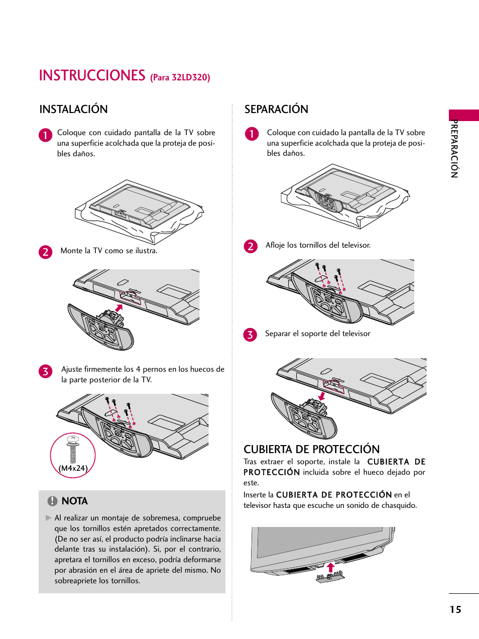 Instrucciones (para 32ld320), Instrucciones, Cubierta de protección | Instalación separación | LG 22LD350C User Manual | Page 272 / 379