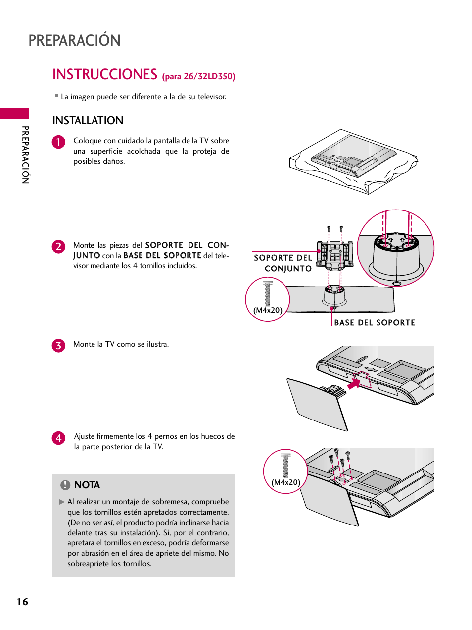 Instrucciones (para 26/32ld350), Preparación, Instrucciones | Installation, Nota | LG 22LD350C User Manual | Page 273 / 379