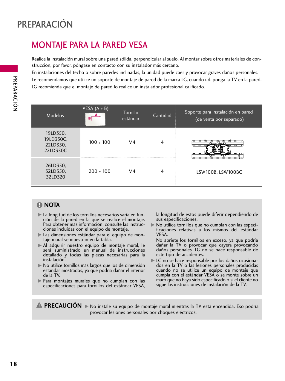 Montaje para la pared vesa, Preparación, Precaución | Nota | LG 22LD350C User Manual | Page 275 / 379