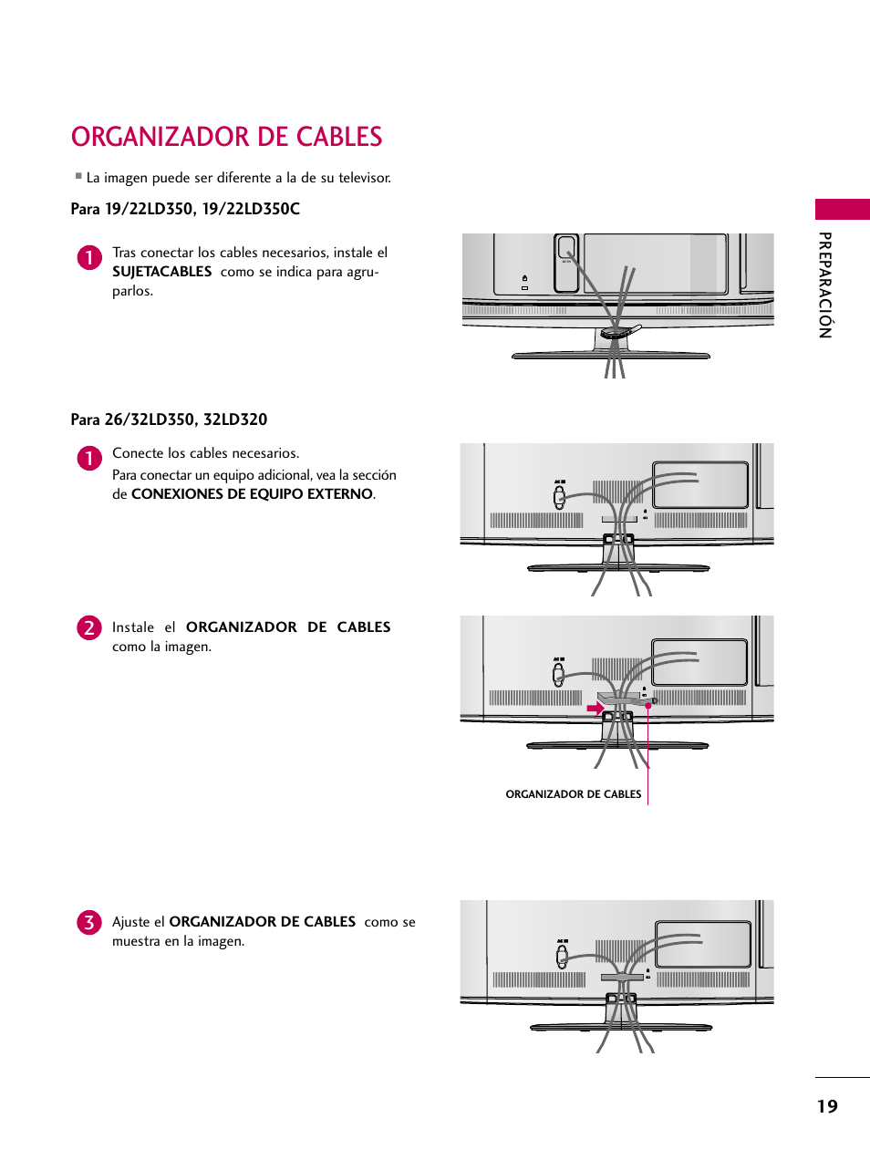 Organizador de cables, Prep ar a ción | LG 22LD350C User Manual | Page 276 / 379