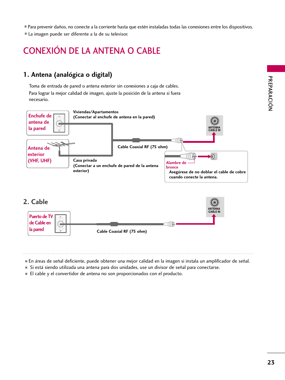 Conexión de la antena o cable, Antena (analógica o digital), Cable | Prep ar a ción | LG 22LD350C User Manual | Page 280 / 379