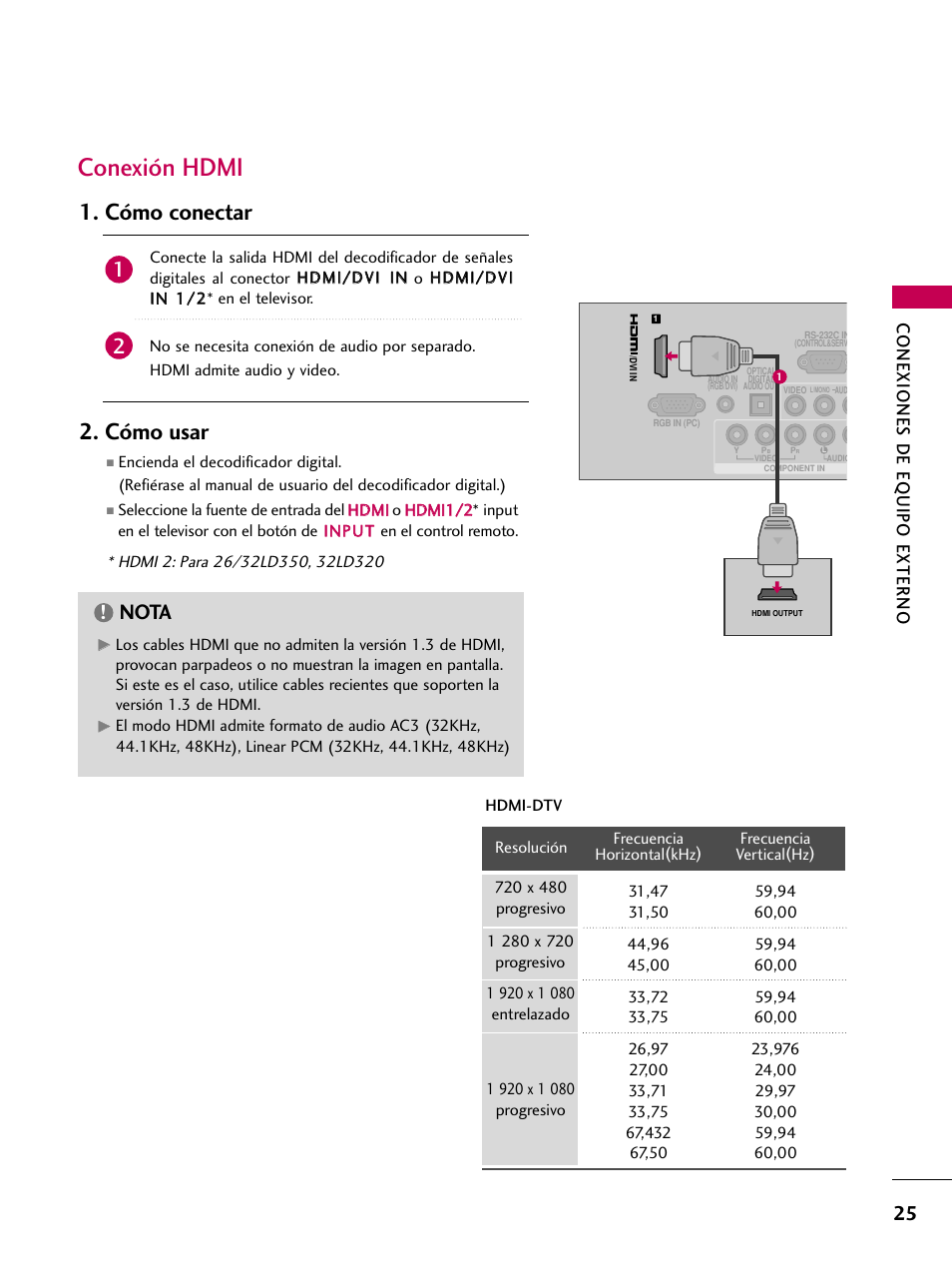 Conexión hdmi, Cómo conectar 2. cómo usar, Nota | Conexiones de eq uipo externo | LG 22LD350C User Manual | Page 282 / 379