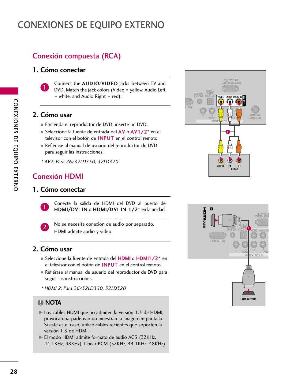 Conexión compuesta (rca), Conexión hdmi, Cómo conectar 2. cómo usar | Nota, Conexiones de equipo externo | LG 22LD350C User Manual | Page 285 / 379
