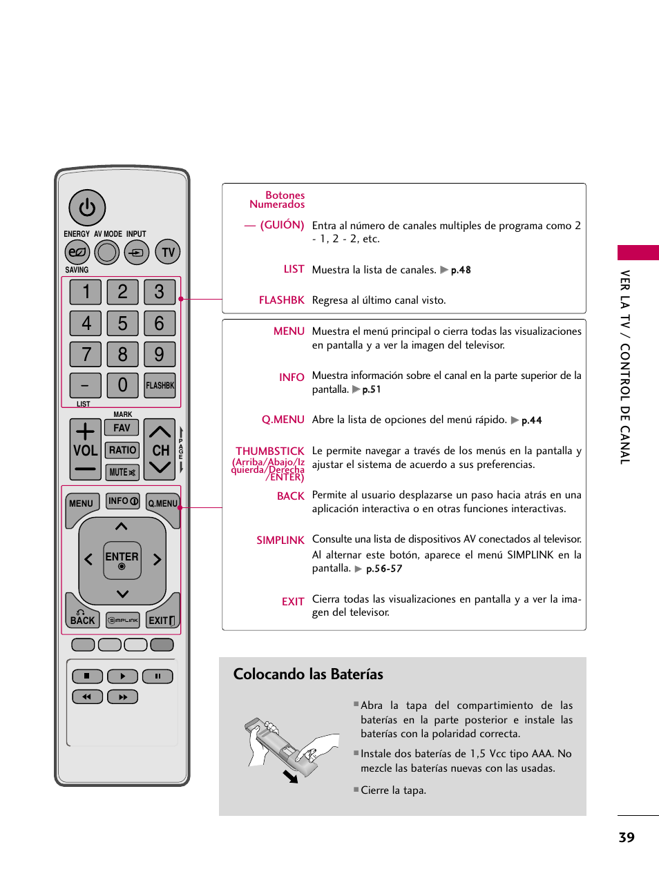 Colocando las baterías, Ch vol | LG 22LD350C User Manual | Page 296 / 379