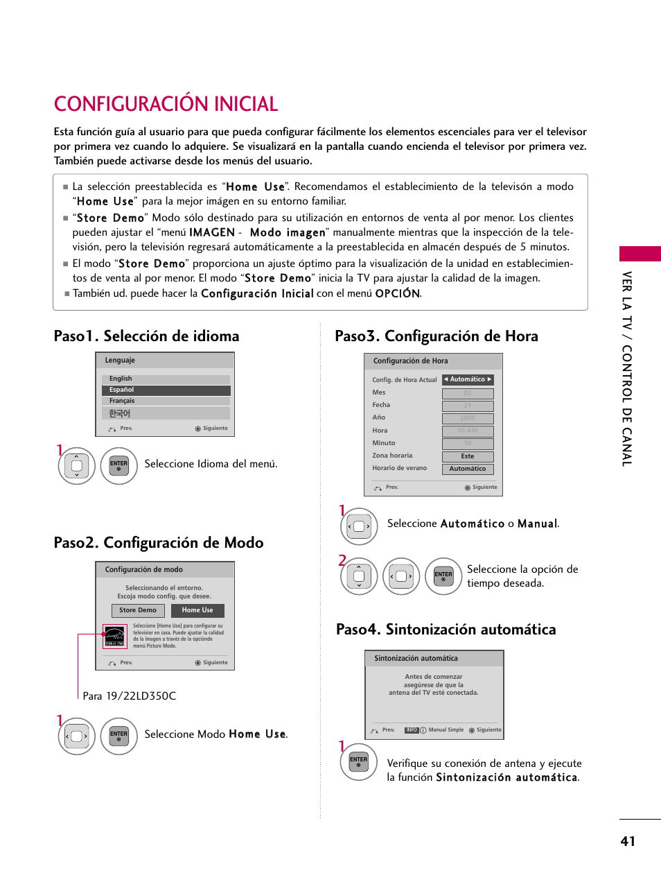 Configuración inicial, Paso1. selección de idioma, Paso2. configuración de modo | Ver la tv / contr ol de canal | LG 22LD350C User Manual | Page 298 / 379