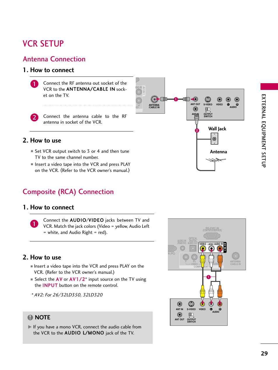 Vcr setup, Antenna connection, Composite (rca) connection | How to connect, How to use, How to connect 2. how to use, External eq uipment setup, Wall jack antenna | LG 22LD350C User Manual | Page 30 / 379