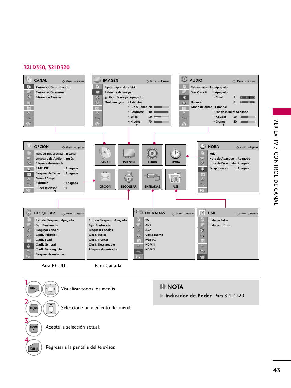 Nota, Ver la tv / contr ol de canal, Regresar a la pantalla del televisor | Para ee.uu. para canadá | LG 22LD350C User Manual | Page 300 / 379