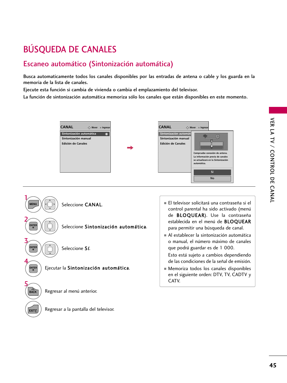 Búsqueda de canales, Escaneo automático (sintonización automática), Ver la tv / contr ol de canal | LG 22LD350C User Manual | Page 302 / 379