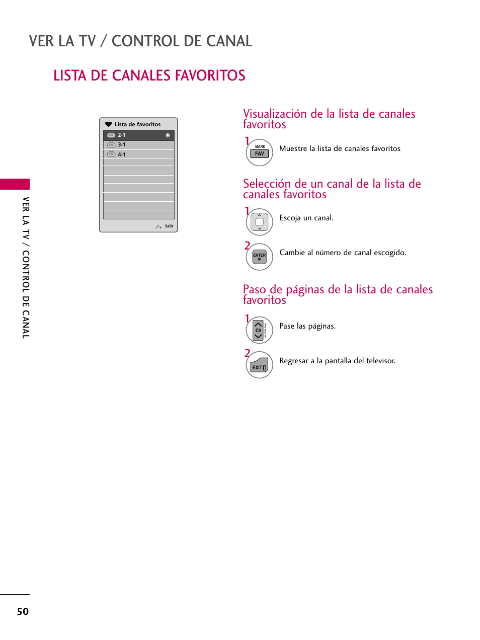 Lista de canales favoritos, Ver la tv / control de canal, Paso de páginas de la lista de canales favoritos | Visualización de la lista de canales favoritos | LG 22LD350C User Manual | Page 307 / 379