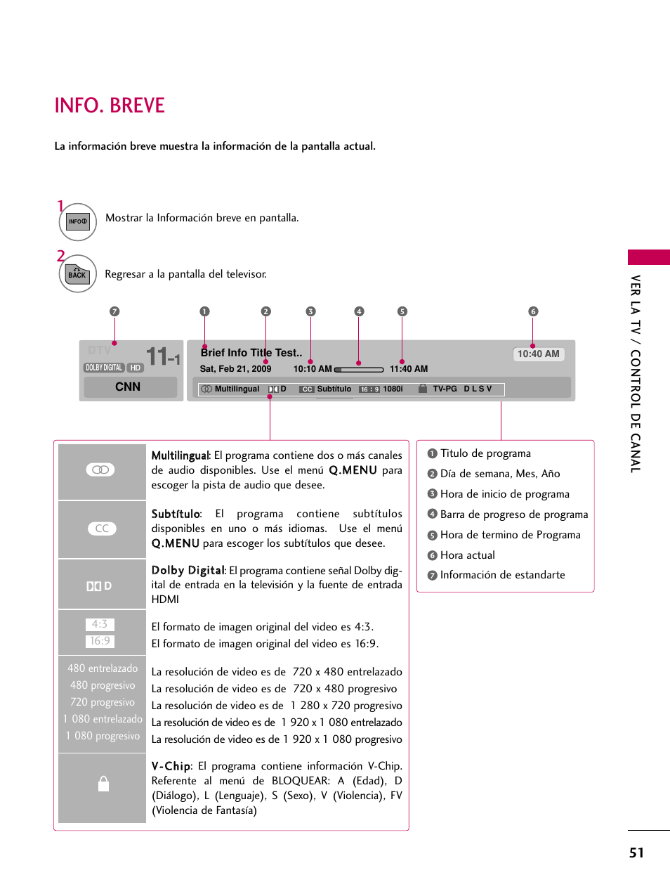 Info. breve, Ver la tv / contr ol de canal | LG 22LD350C User Manual | Page 308 / 379