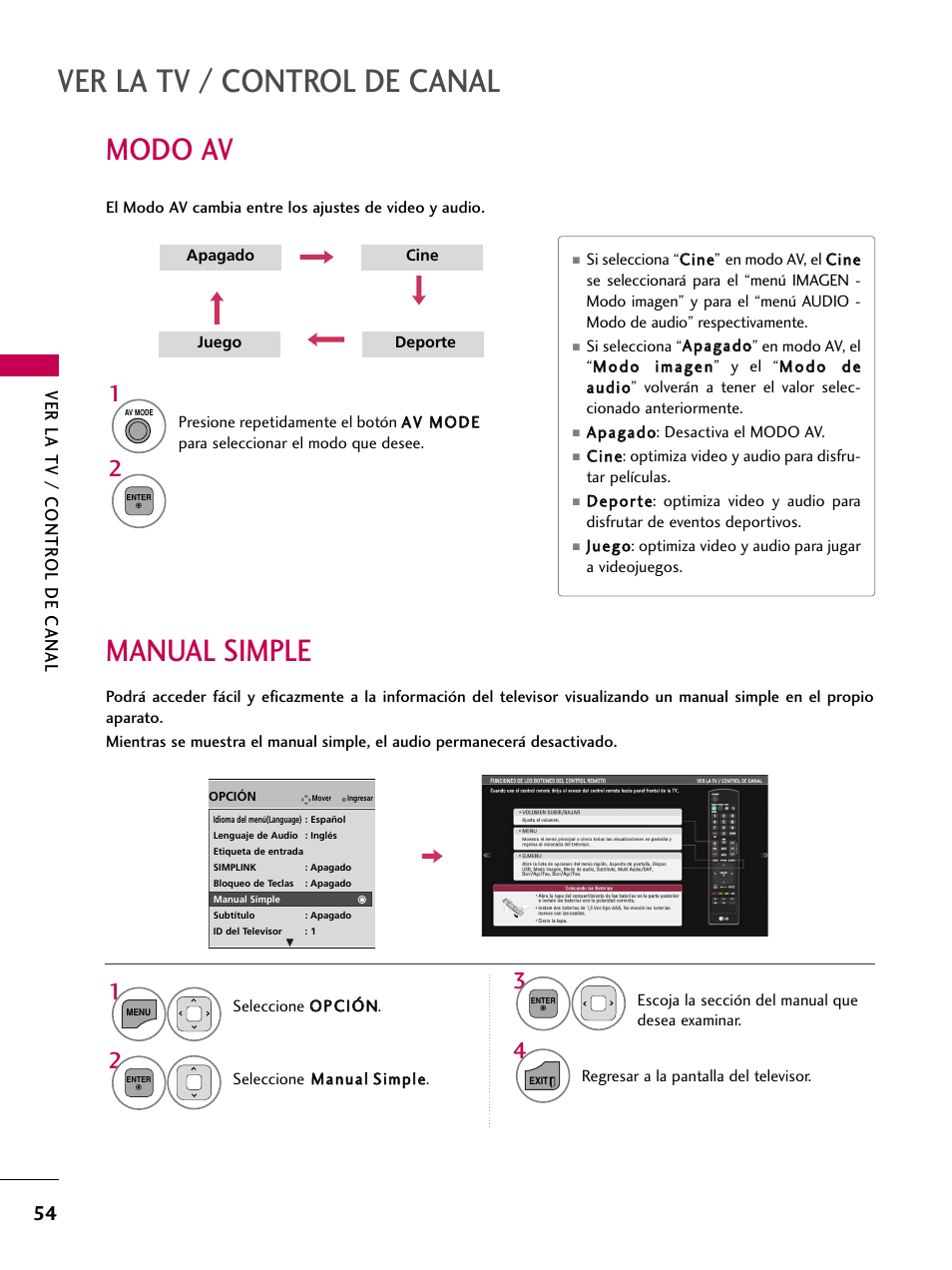 Modo av, Manual simple, Ver la tv / control de canal | Ver la tv / contr ol de canal | LG 22LD350C User Manual | Page 311 / 379