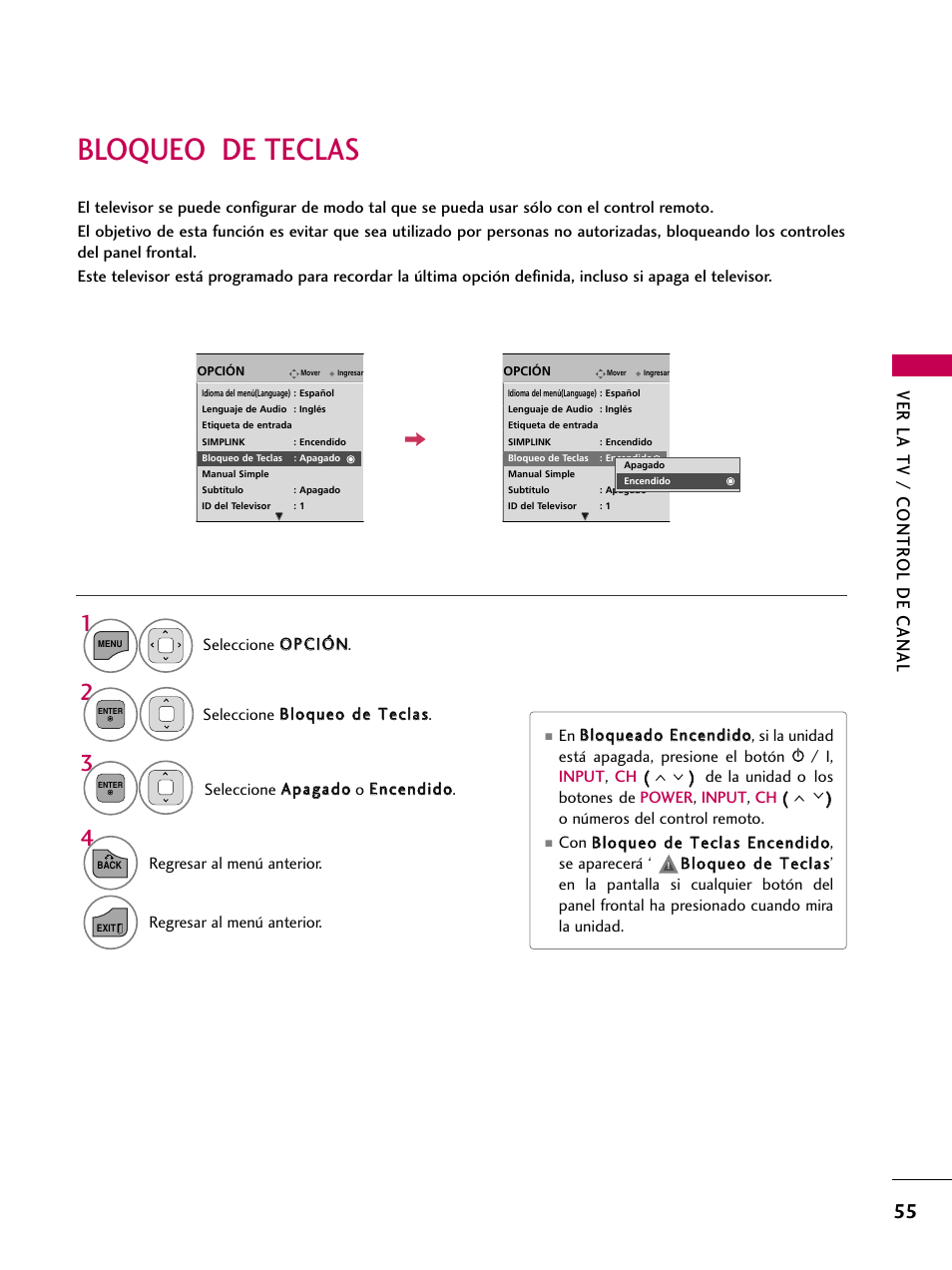 Bloqueo de teclas, Ver la tv / contr ol de canal | LG 22LD350C User Manual | Page 312 / 379