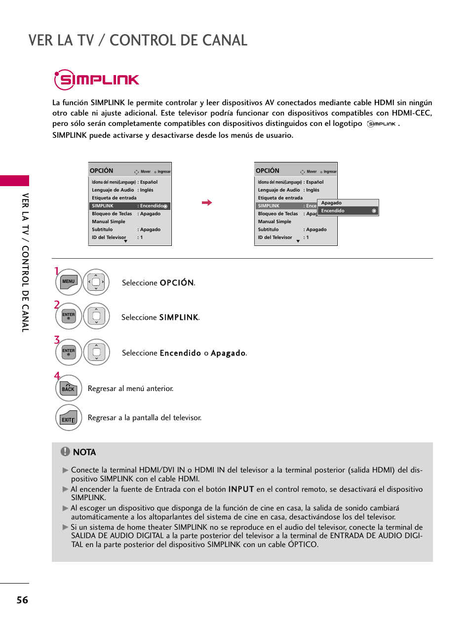 Simplink, Ver la tv / control de canal, Ver la tv / contr ol de canal | Nota | LG 22LD350C User Manual | Page 313 / 379