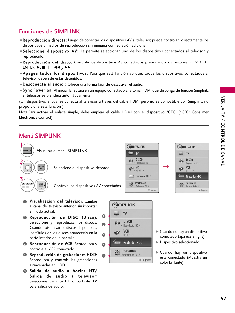 Funciones de simplink, Menú simplink, Menú simplink funciones de simplink | Ver la tv / contr ol de canal | LG 22LD350C User Manual | Page 314 / 379