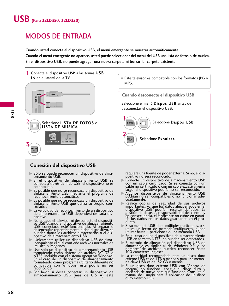 Usb (para 32ld350, 32ld320), Modos de entrada, Conexión del dispositivo usb | LG 22LD350C User Manual | Page 315 / 379