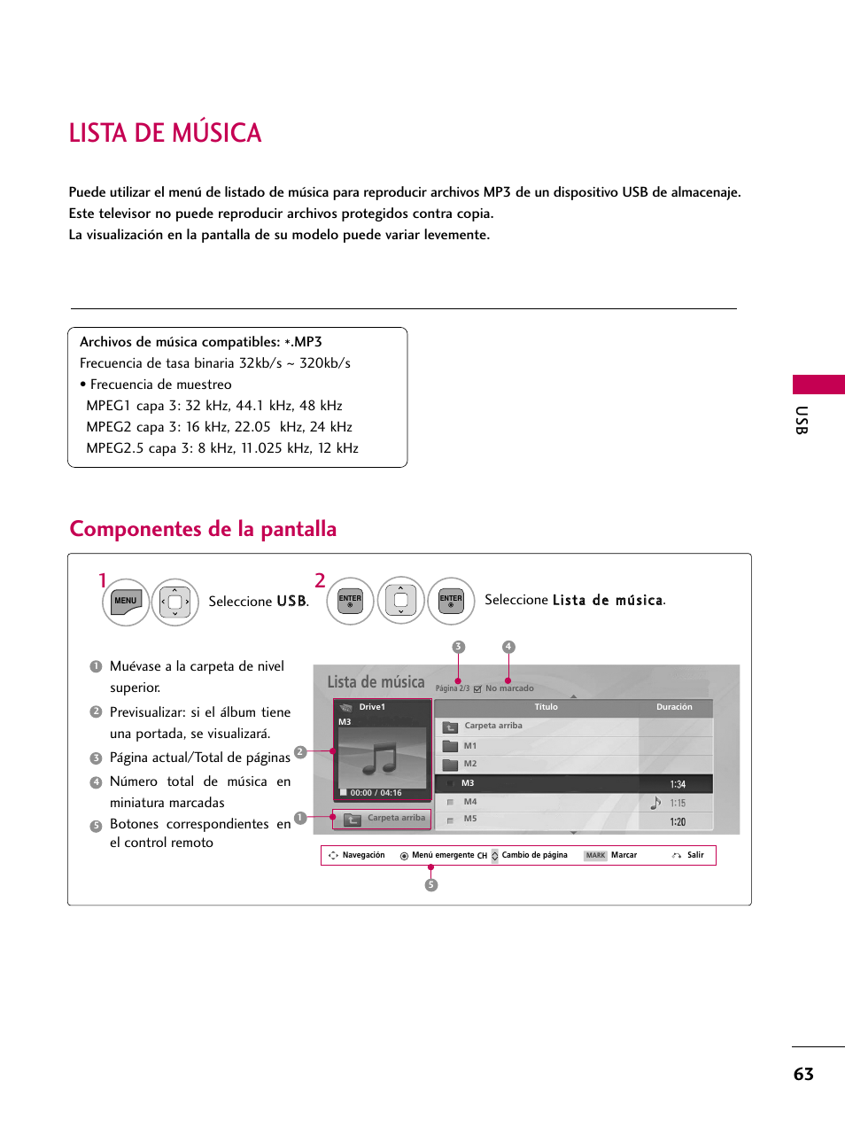 Lista de música, Componentes de la pantalla | LG 22LD350C User Manual | Page 320 / 379