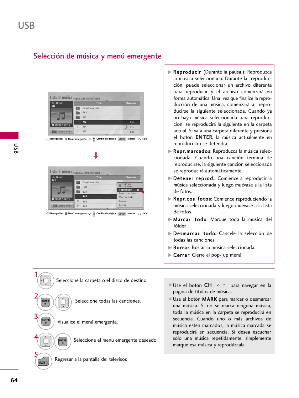 Selección de música y menú emergente | LG 22LD350C User Manual | Page 321 / 379