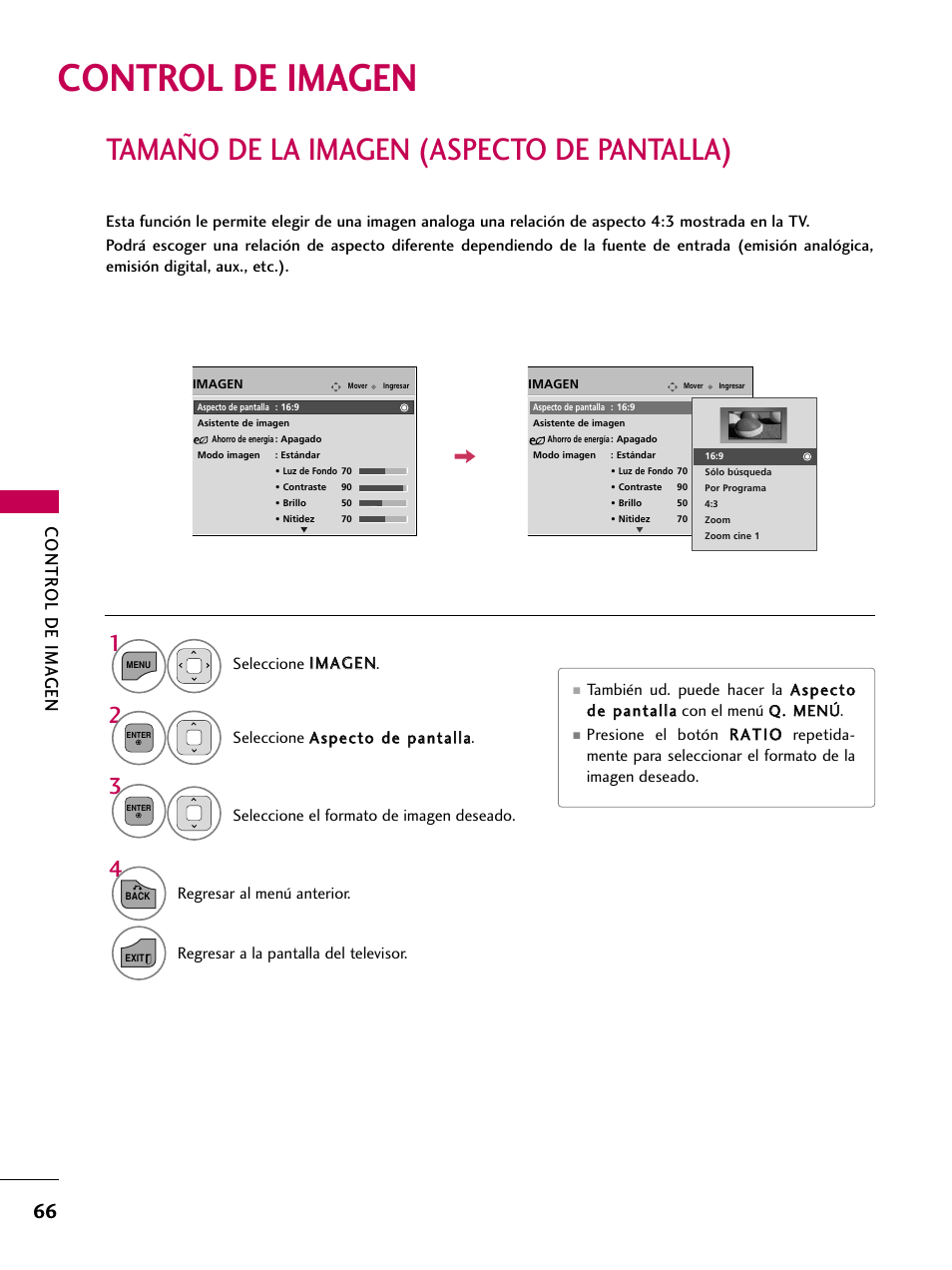 Control de imagen, Tamaño de la imagen (aspecto de pantalla), Contr ol de ima gen | LG 22LD350C User Manual | Page 323 / 379