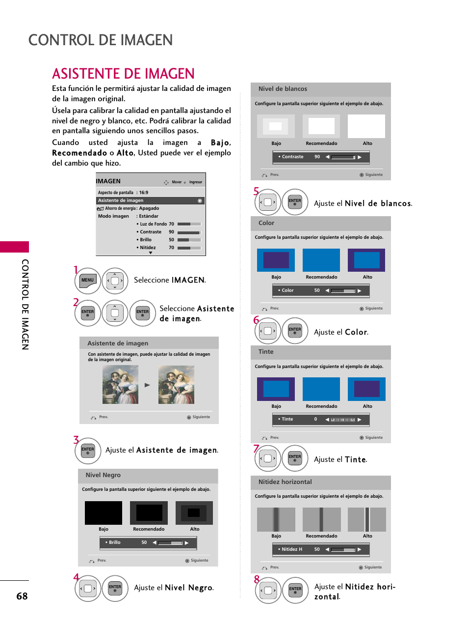 Asistente de imagen, Control de imagen, Contr ol de ima gen | Ajuste el n niivveell n neeggrro o, Ajuste el c co ollo orr, Ajuste el t tiinnttee | LG 22LD350C User Manual | Page 325 / 379