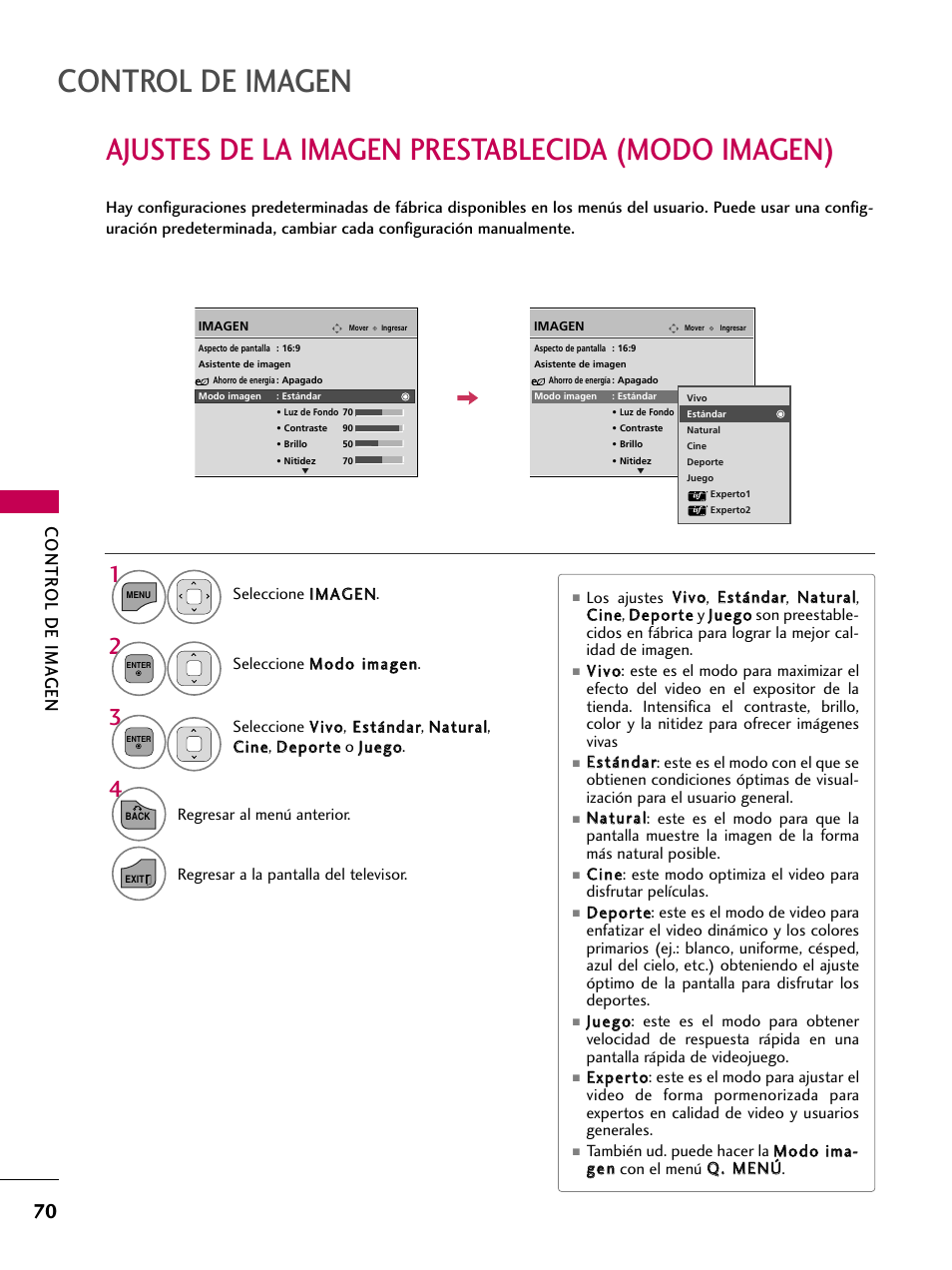 Ajustes de la imagen prestablecida (modo imagen), Control de imagen, Contr ol de ima gen | LG 22LD350C User Manual | Page 327 / 379