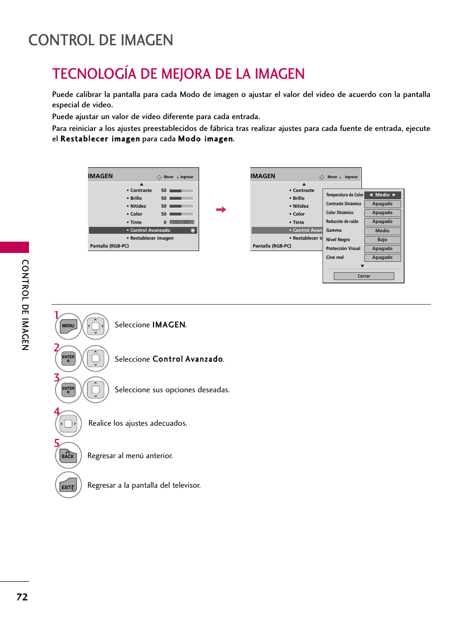 Tecnología de mejora de la imagen, Control de imagen, Contr ol de ima gen | Regresar al menú anterior | LG 22LD350C User Manual | Page 329 / 379