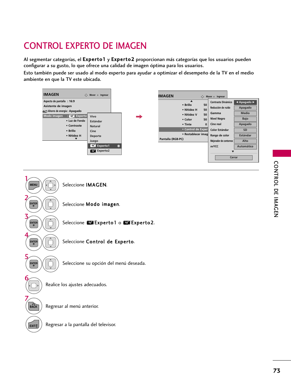 Control experto de imagen, Contr ol de ima gen, Realice los ajustes adecuados | Regresar al menú anterior | LG 22LD350C User Manual | Page 330 / 379
