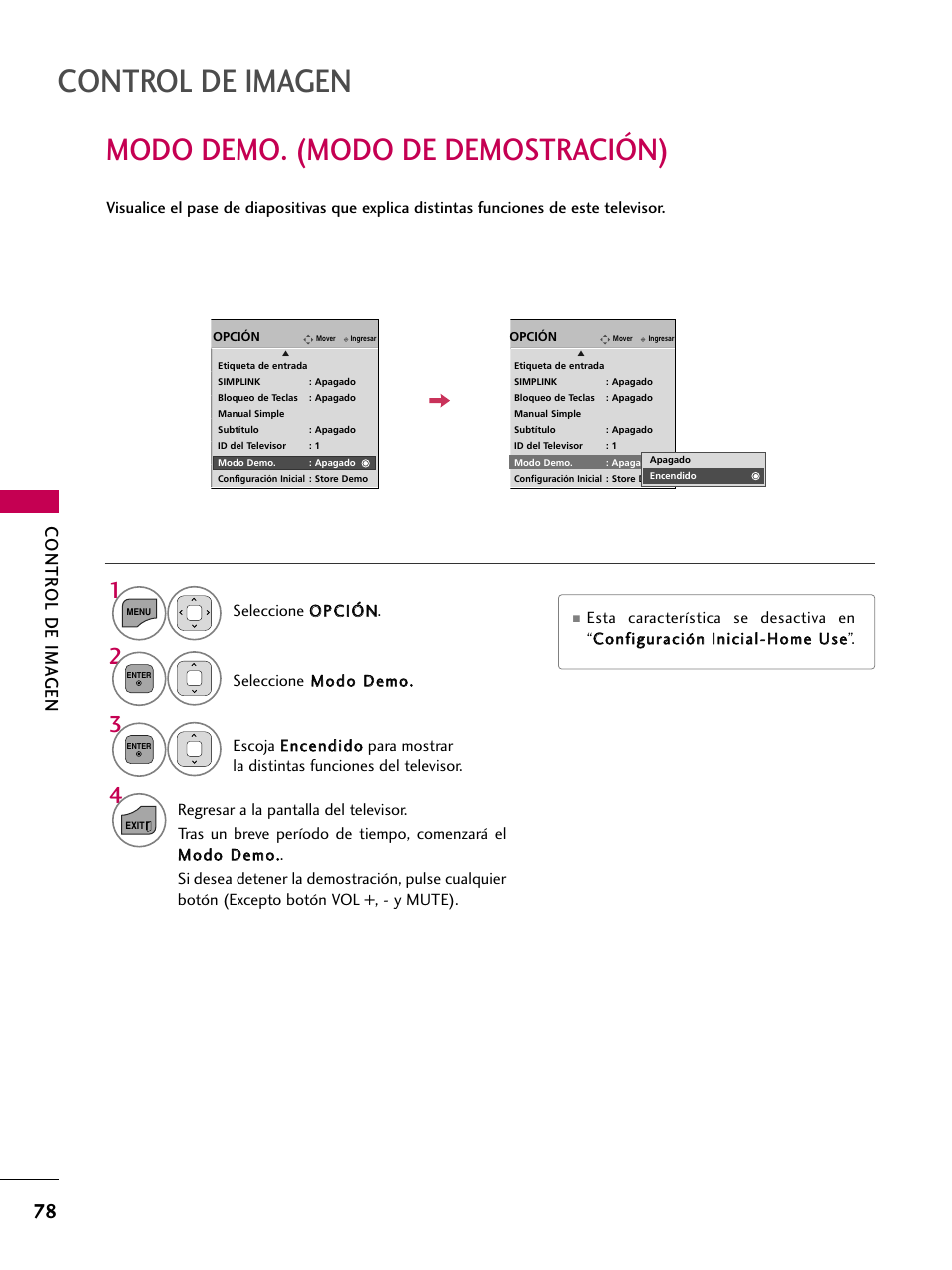 Modo demo. (modo de demostración), Control de imagen, Contr ol de ima gen | LG 22LD350C User Manual | Page 335 / 379