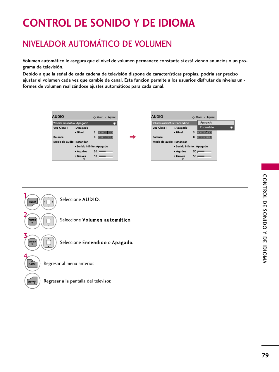 Control de sonido y de idioma, Nivelador automático de volumen, Contr ol de sonido y de idioma | LG 22LD350C User Manual | Page 336 / 379