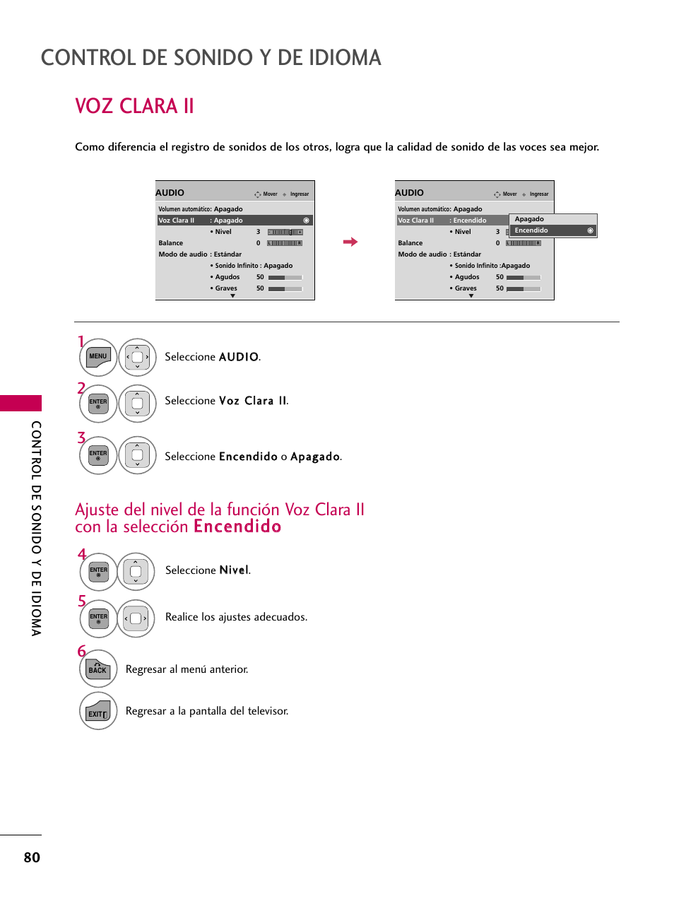 Voz clara ii, Control de sonido y de idioma, Contr ol d e sonido y de idioma | LG 22LD350C User Manual | Page 337 / 379