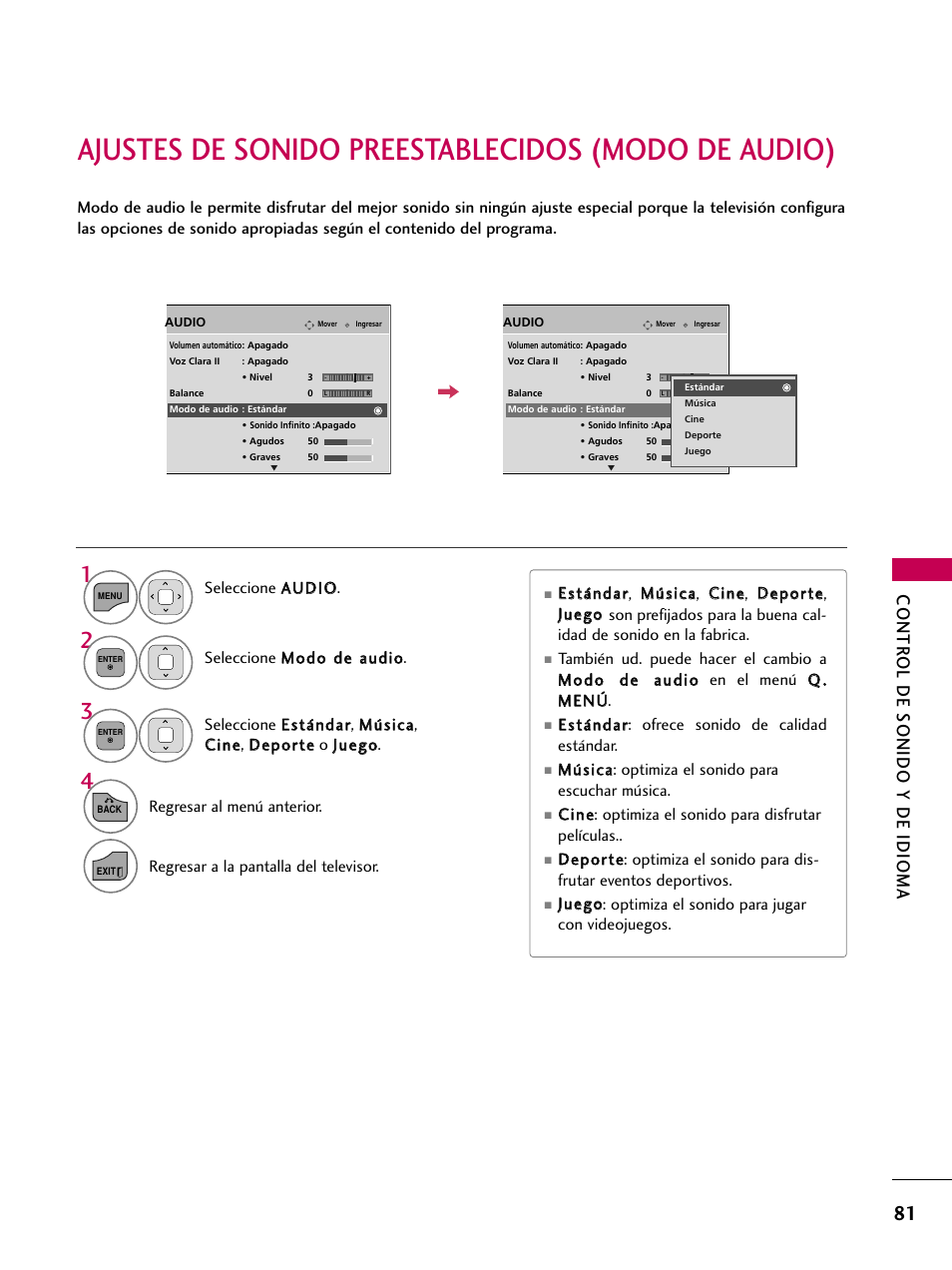 Ajustes de sonido preestablecidos (modo de audio), Contr ol de sonido y de idioma | LG 22LD350C User Manual | Page 338 / 379