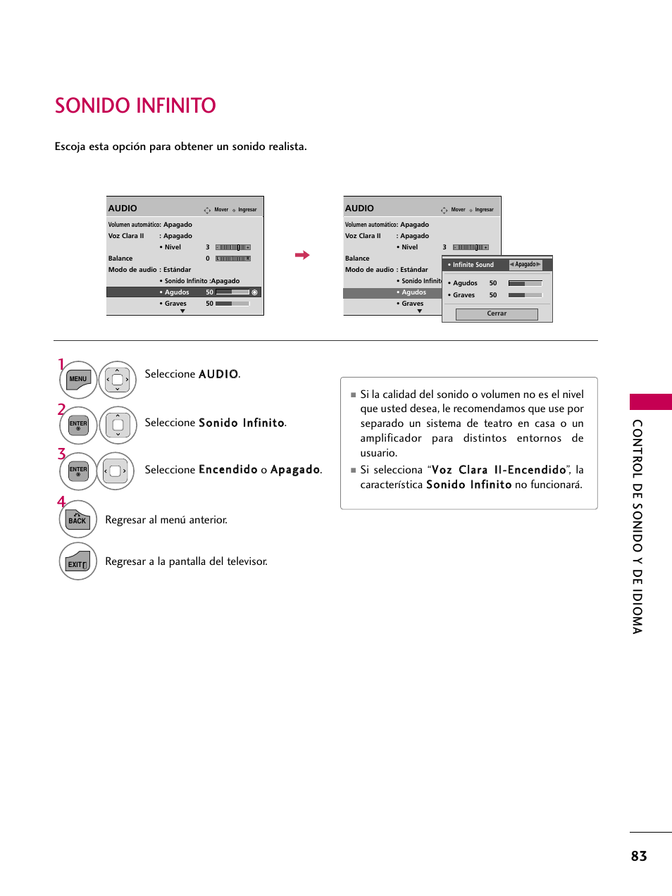 Sonido infinito, Contr ol de sonido y de idioma, Regresar al menú anterior | LG 22LD350C User Manual | Page 340 / 379
