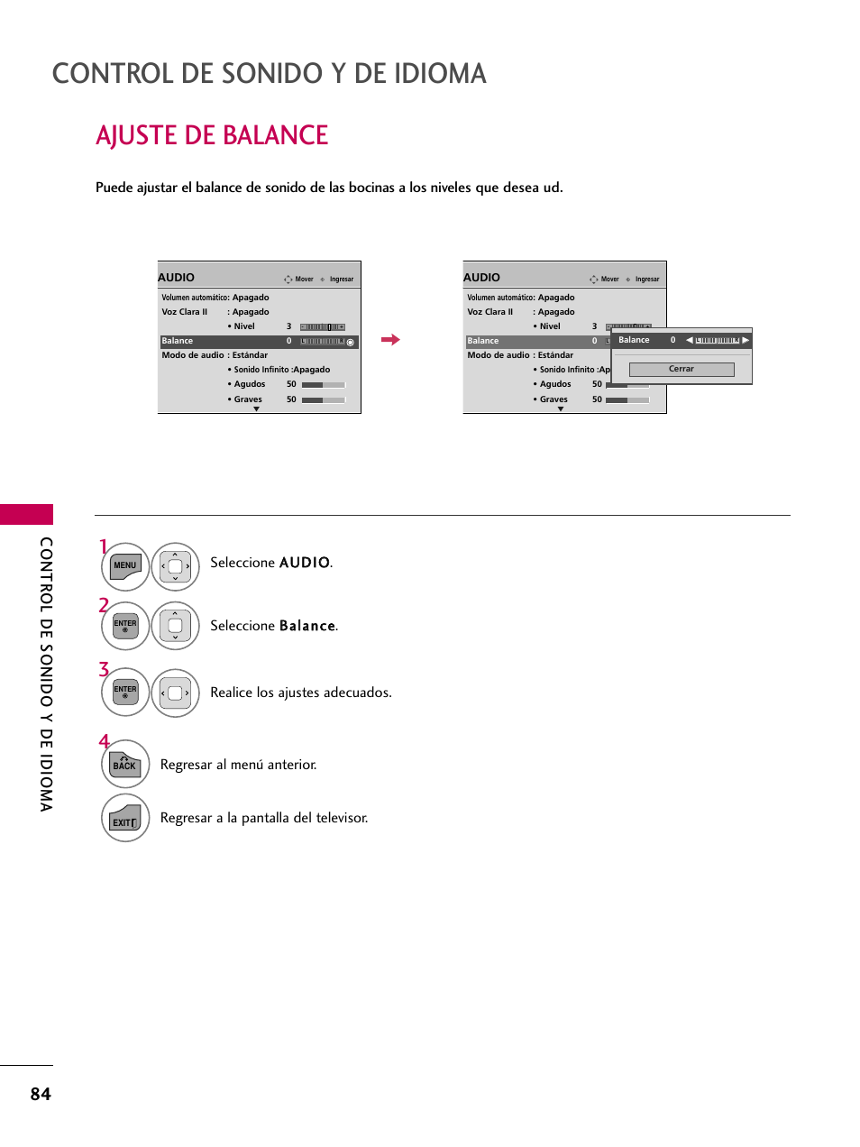 Ajuste de balance, Control de sonido y de idioma, Contr ol d e sonido y de idioma | Regresar al menú anterior, Regresar a la pantalla del televisor | LG 22LD350C User Manual | Page 341 / 379