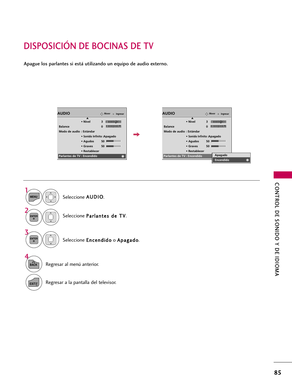 Disposición de bocinas de tv, Contr ol de sonido y de idioma, Regresar al menú anterior | Regresar a la pantalla del televisor | LG 22LD350C User Manual | Page 342 / 379