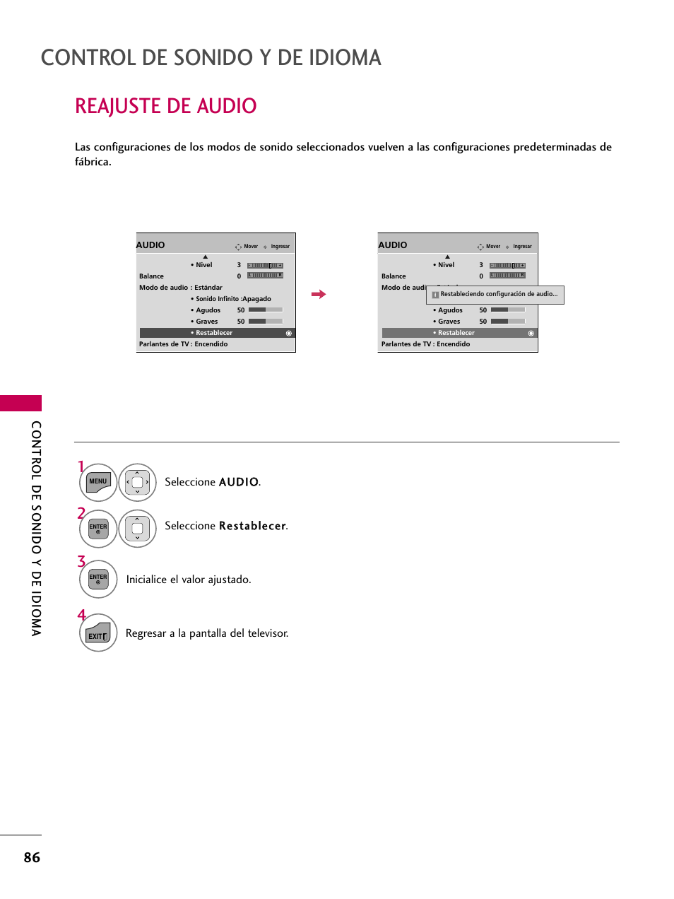 Reajuste de audio, Control de sonido y de idioma, Contr ol d e sonido y de idioma | Inicialice el valor ajustado, Regresar a la pantalla del televisor | LG 22LD350C User Manual | Page 343 / 379