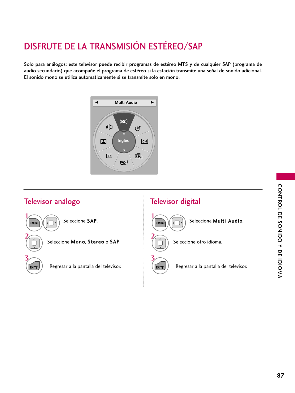 Disfrute de la transmisión estéreo/sap, Televisor análogo televisor digital | LG 22LD350C User Manual | Page 344 / 379