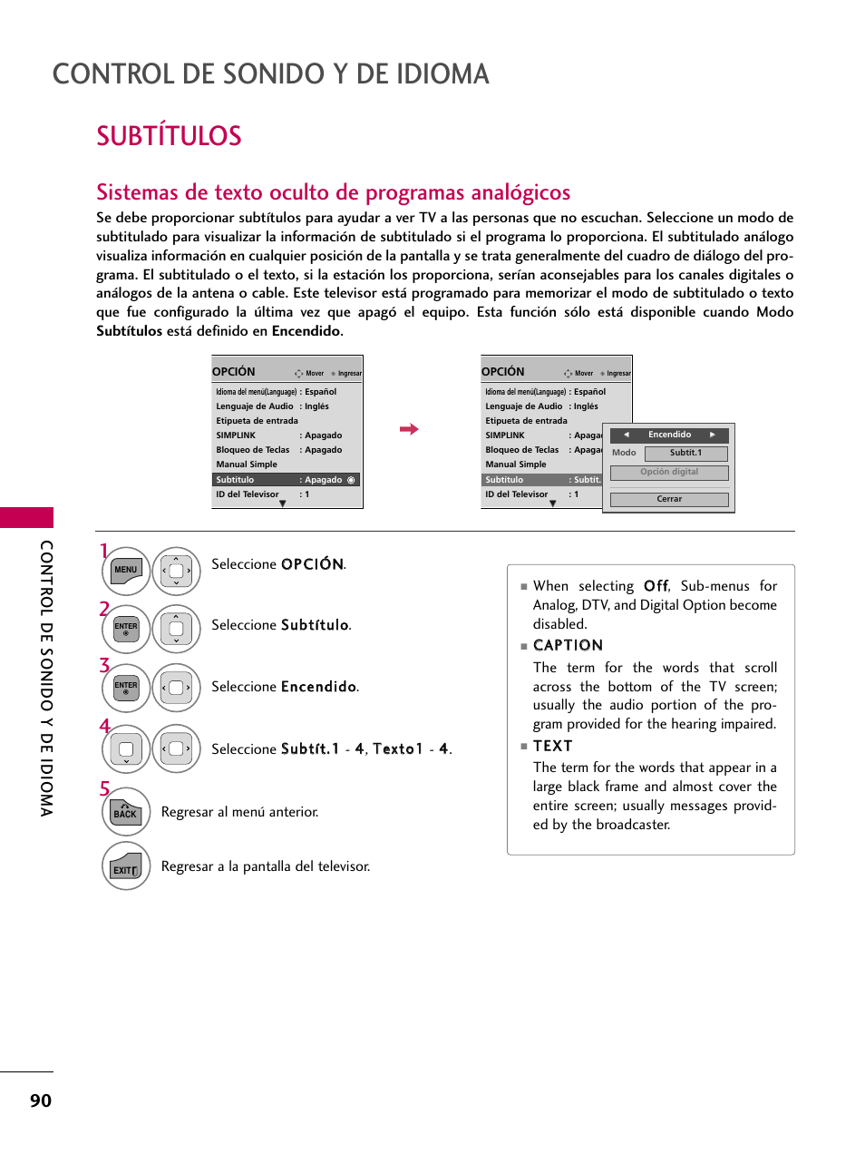 Subtítulos, Sistemas de texto oculto de programas analógicos, Control de sonido y de idioma | Contr ol de sonido y de idioma | LG 22LD350C User Manual | Page 347 / 379