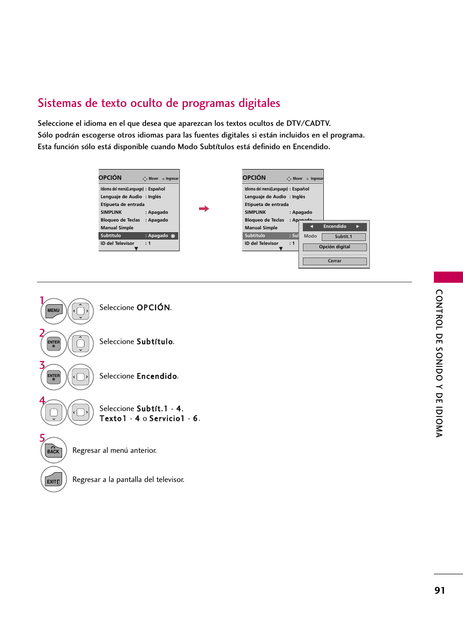 Sistemas de texto oculto de programas digitales, Contr ol de sonido y de idioma | LG 22LD350C User Manual | Page 348 / 379