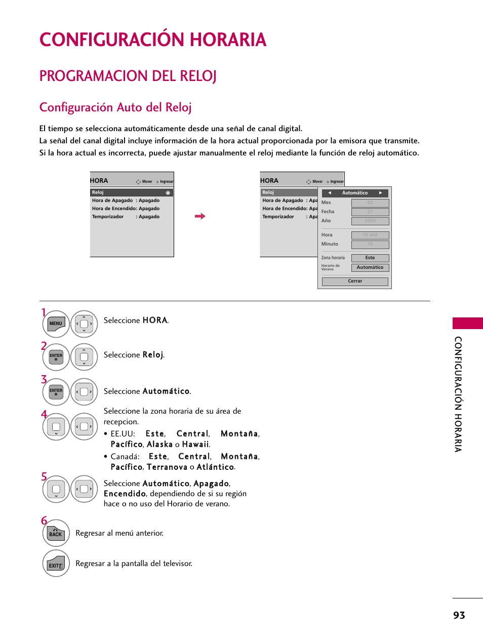 Configuración horaria, Programacion del reloj, Configuración auto del reloj | Configur a ción hor aria | LG 22LD350C User Manual | Page 350 / 379