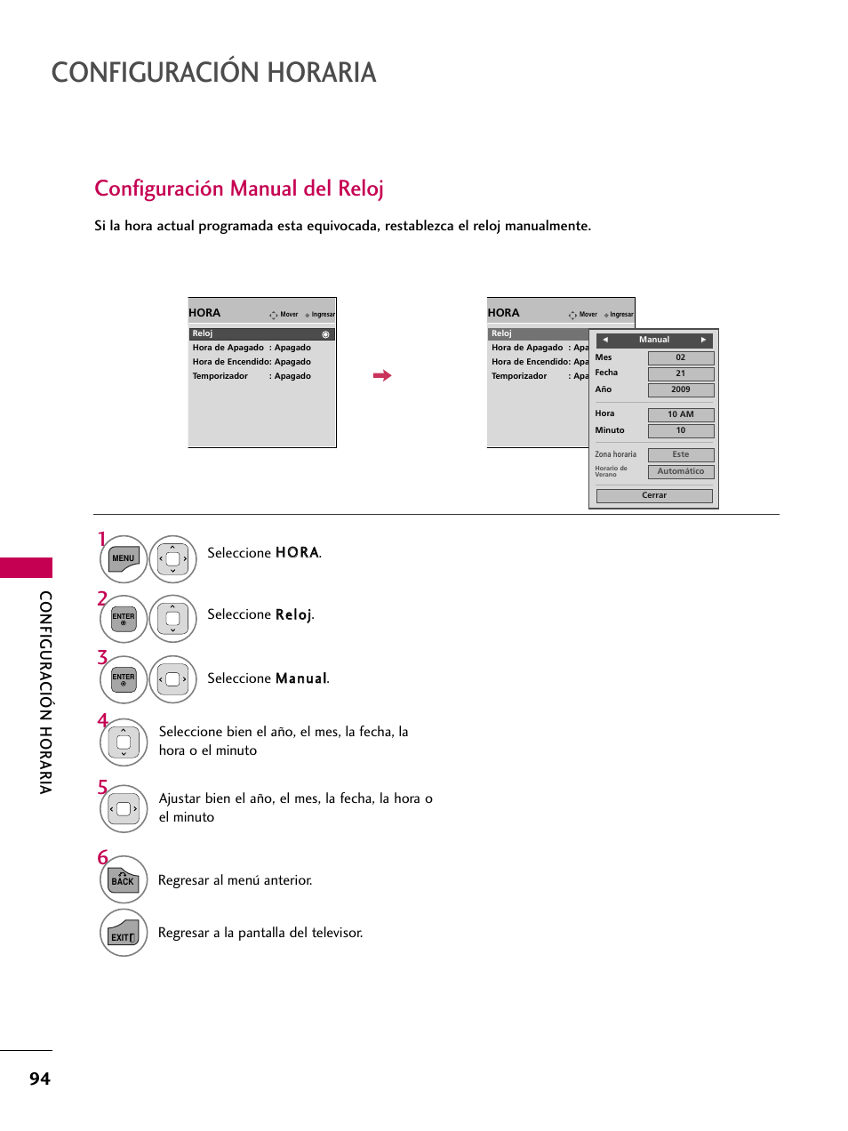 Configuración manual del reloj, Configuración horaria, Configur a ción hor aria | LG 22LD350C User Manual | Page 351 / 379