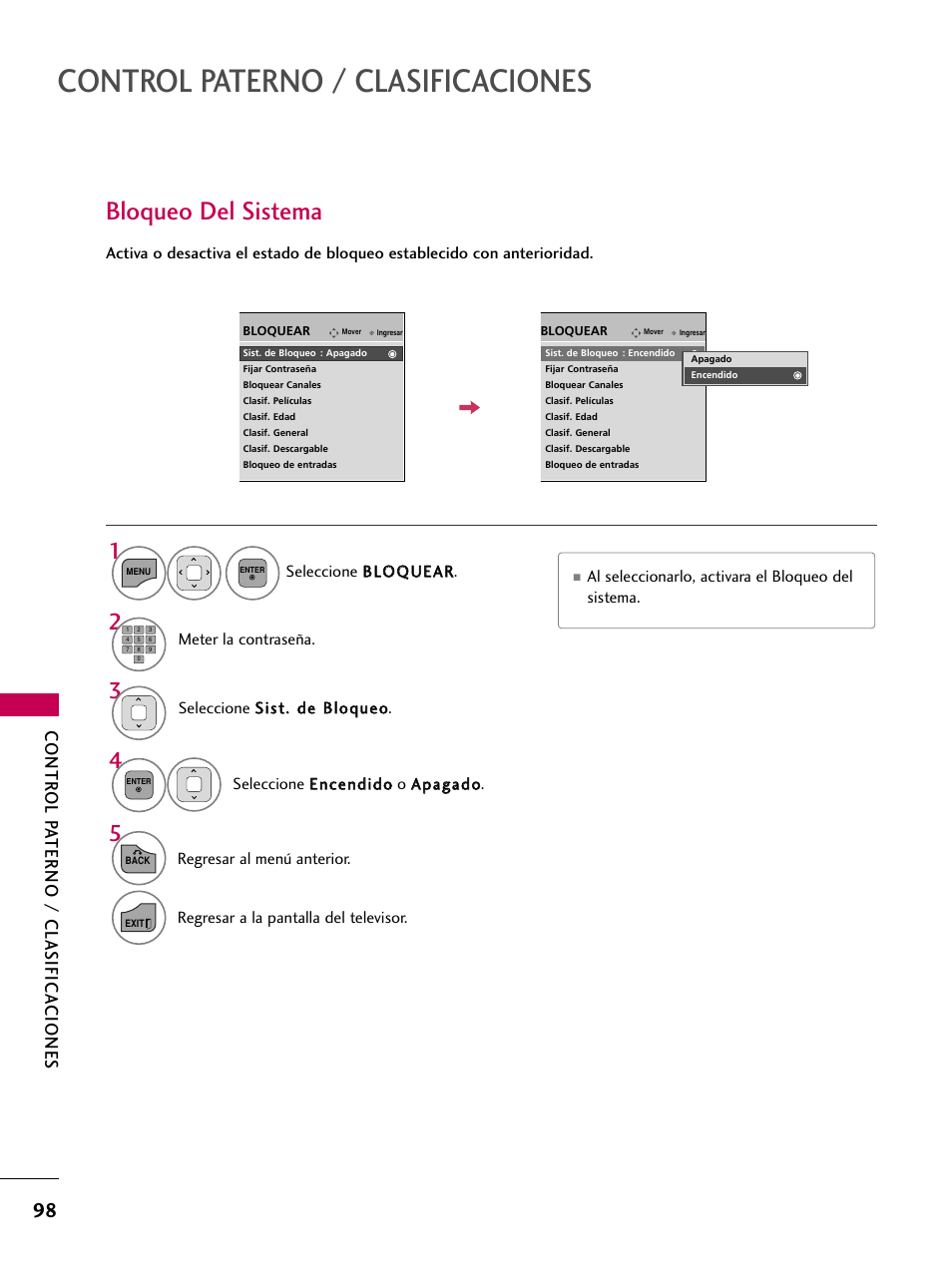Bloqueo del sistema, Control paterno / clasificaciones, Contr ol pa terno / clasifica ciones | LG 22LD350C User Manual | Page 355 / 379