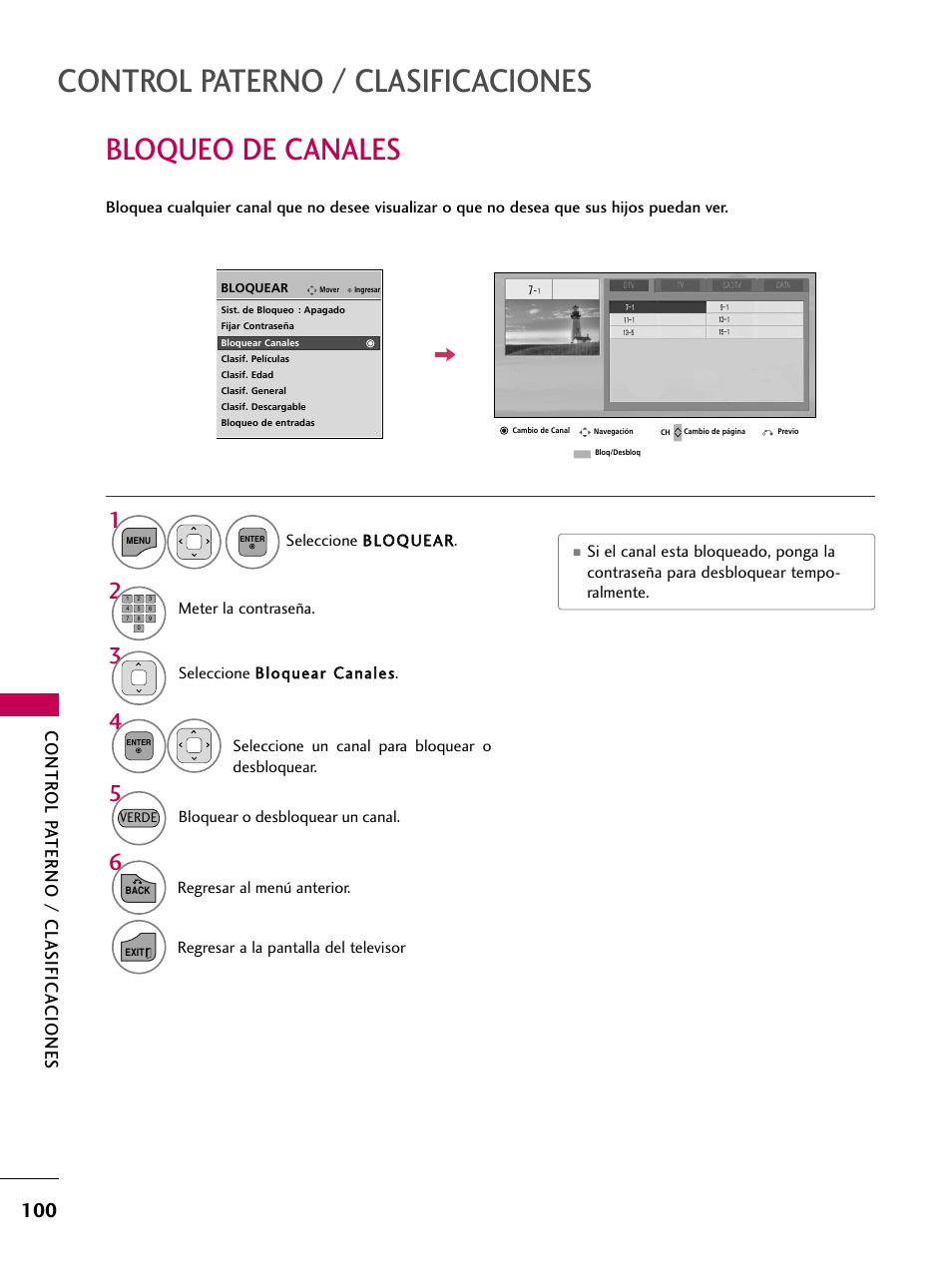 Bloqueo de canales, Control paterno / clasificaciones, Contr ol pa terno / clasifica ciones | LG 22LD350C User Manual | Page 357 / 379