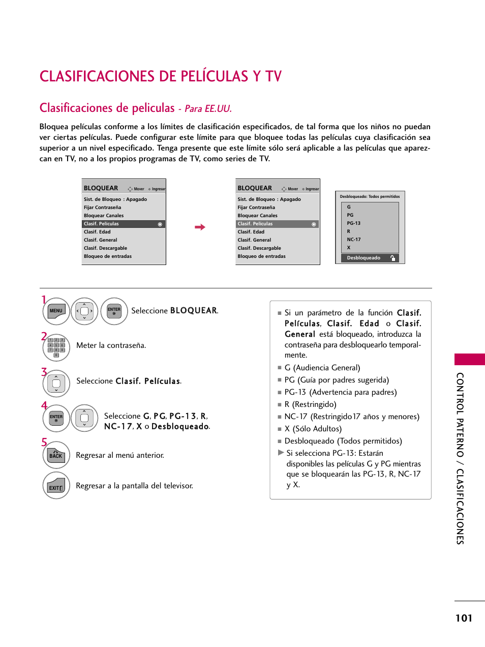 Clasificaciones de películas y tv, Clasificaciones de peliculas - para ee.uu, Clasificaciones de peliculas | Para ee.uu, Contr ol pa terno / clasifica ciones | LG 22LD350C User Manual | Page 358 / 379